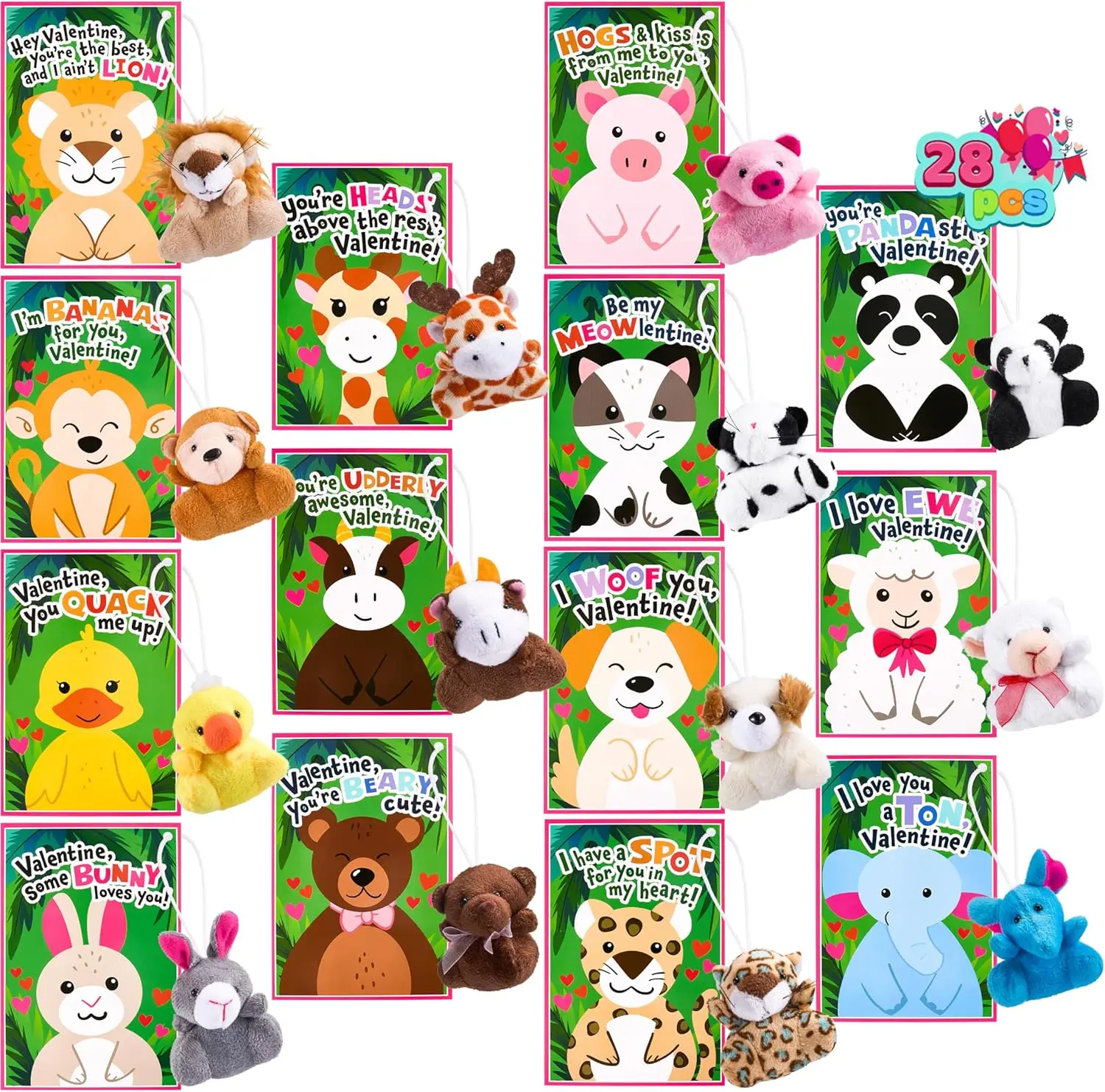 

28 Pack Valentine's Day Gifts for Kids with Plush Toy Key Chain Stress Relief Fidget Toy Classroom Exchange Cards Party Favor