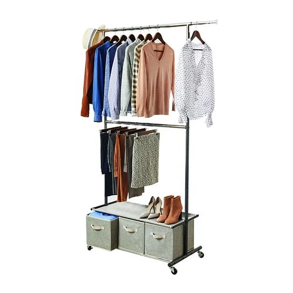 

2 Tier Garment Rack With 3 Drawer Closet Organizer Assembly Closet for Clothes Gray Free Shipping Wardrobe Bedroom Furniture