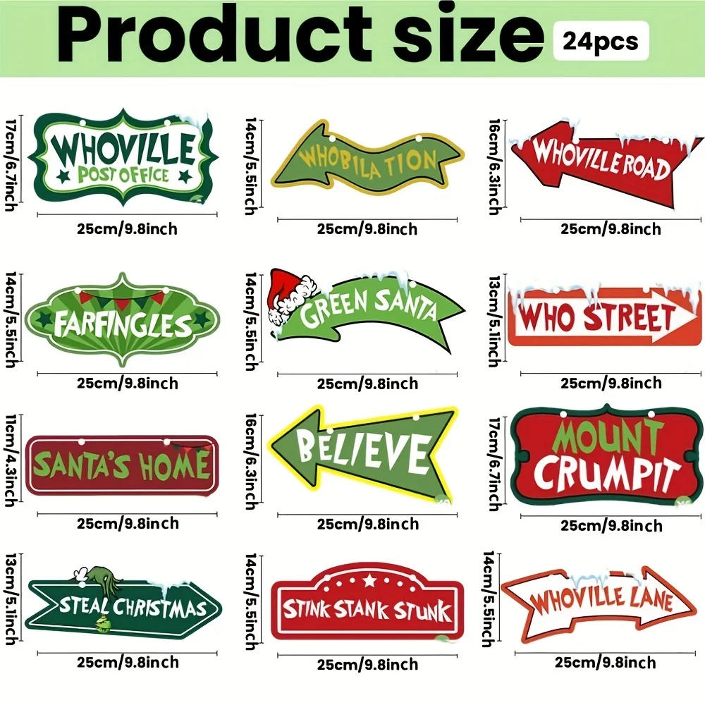 12PCS Christmas Whoville Tree Ornaments Decorations Xmas Large Paper Crafts Tree Hanging Ornaments Signs for Christmas Welcome