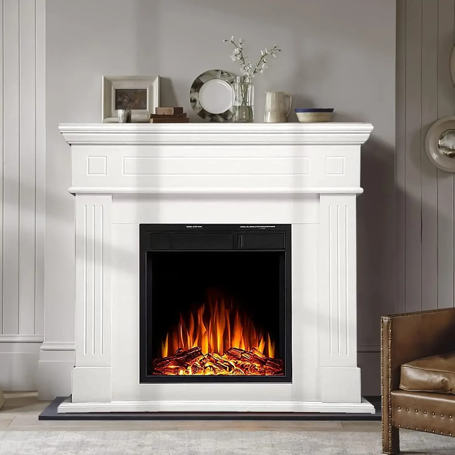 

43” Electric Fireplace Mantel Wooden Surround Firebox, TV Stand with Freestanding Electric Fireplace,Adjustable Led Flame,White