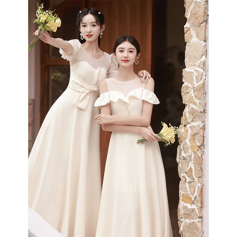 Women's Champagne Satin Sisters Bridesmaid Dresses Spring Autumn New Birthday Party Strap Style Short Sleeve Evening Dress