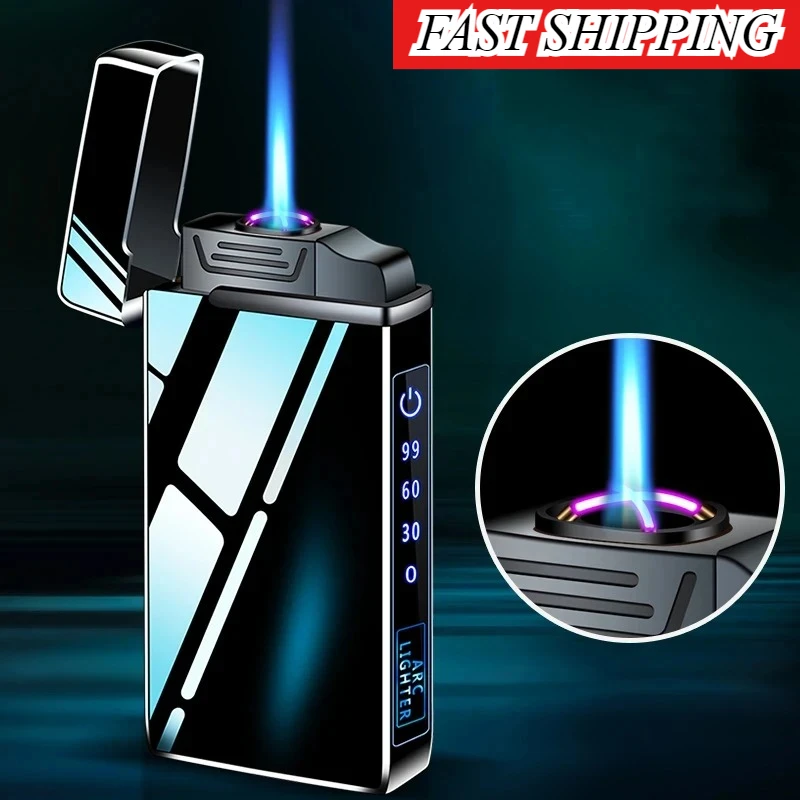 New Metal Windproof Dual Arc USB Lighter Rechargeable Butane Gas Electric Lighter LED Screen Display Lighter Portable Men‘s Gift