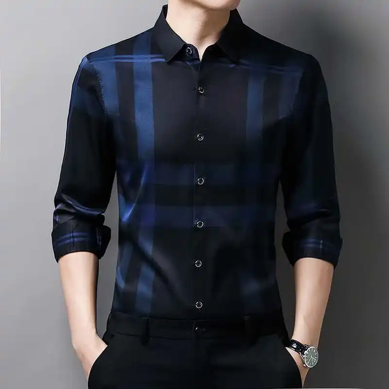 Men's Plaid Check Shirt Casual Comfortable Long Sleeve PU Leather Thickened Fleece Inner Four Seasons Wear Cleanfit Style POL...