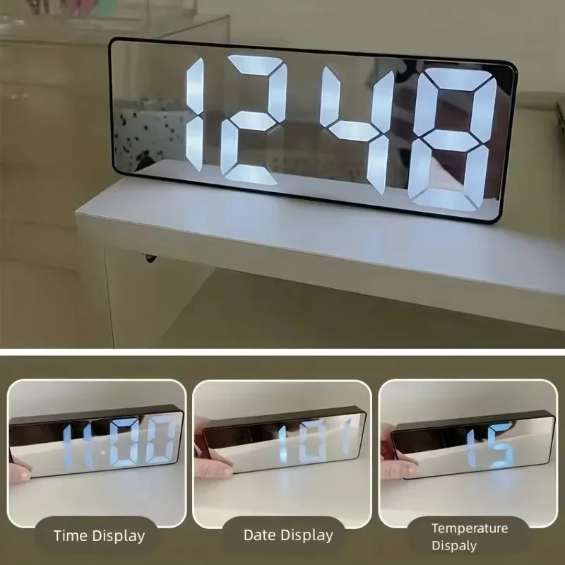 Mirror Digital Alarm Clock LED Clock Temperature Calendar Display Supply Adjustable Brightness Desk Decorations Electronics Home