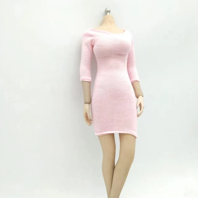 Pink 1/6 Scale Half Length Sleeve Tight Fitting Skirt Hip Wrap Dress Model for 12in PH TBL Body Action Figure Toys