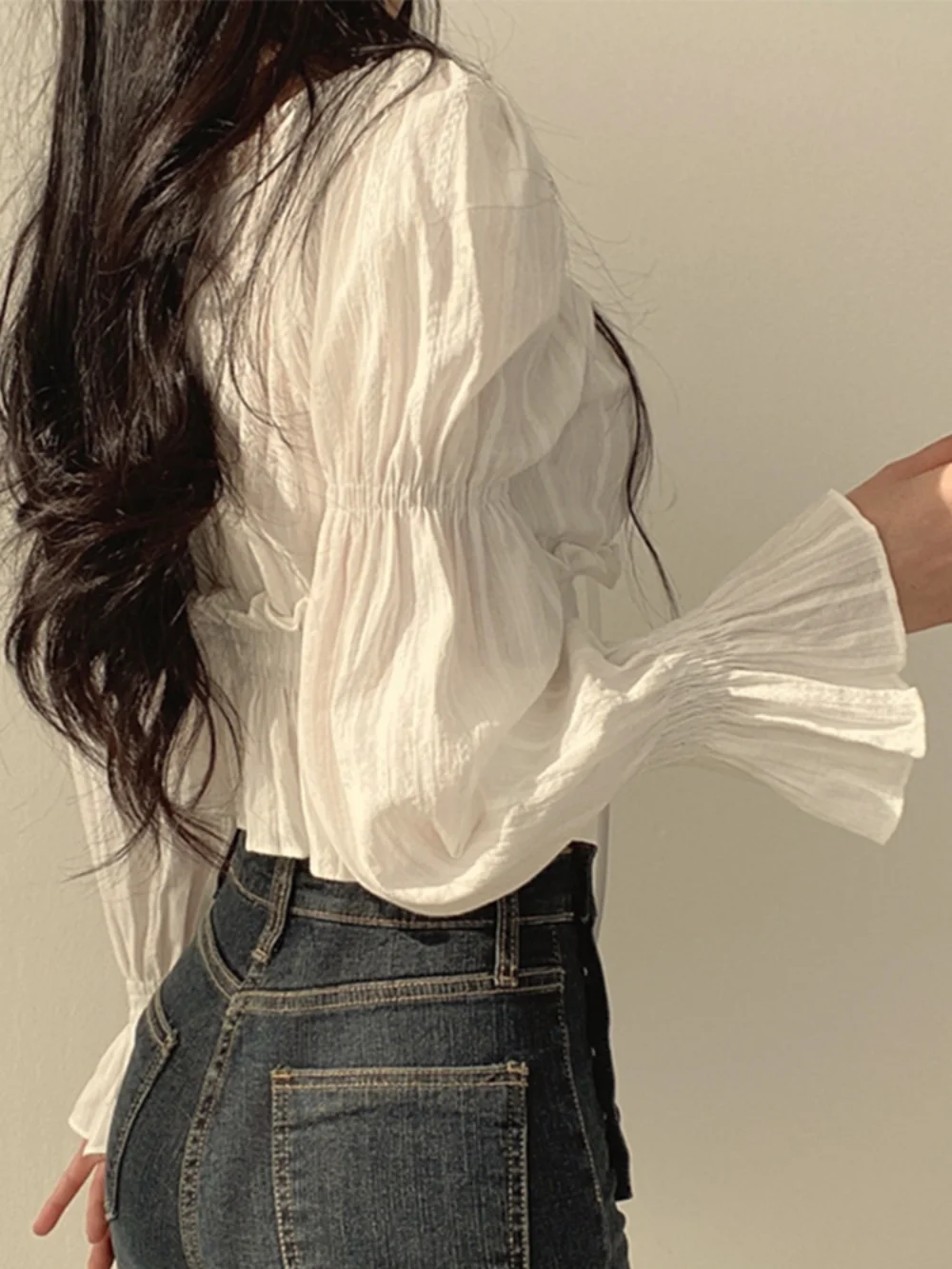 Chiffon Blouse Women Puff Sleeve Lace Up Ruffles Shirts Female Summer Elegant Korean Fashion Preppy Style Sweet Tops Lady 2023