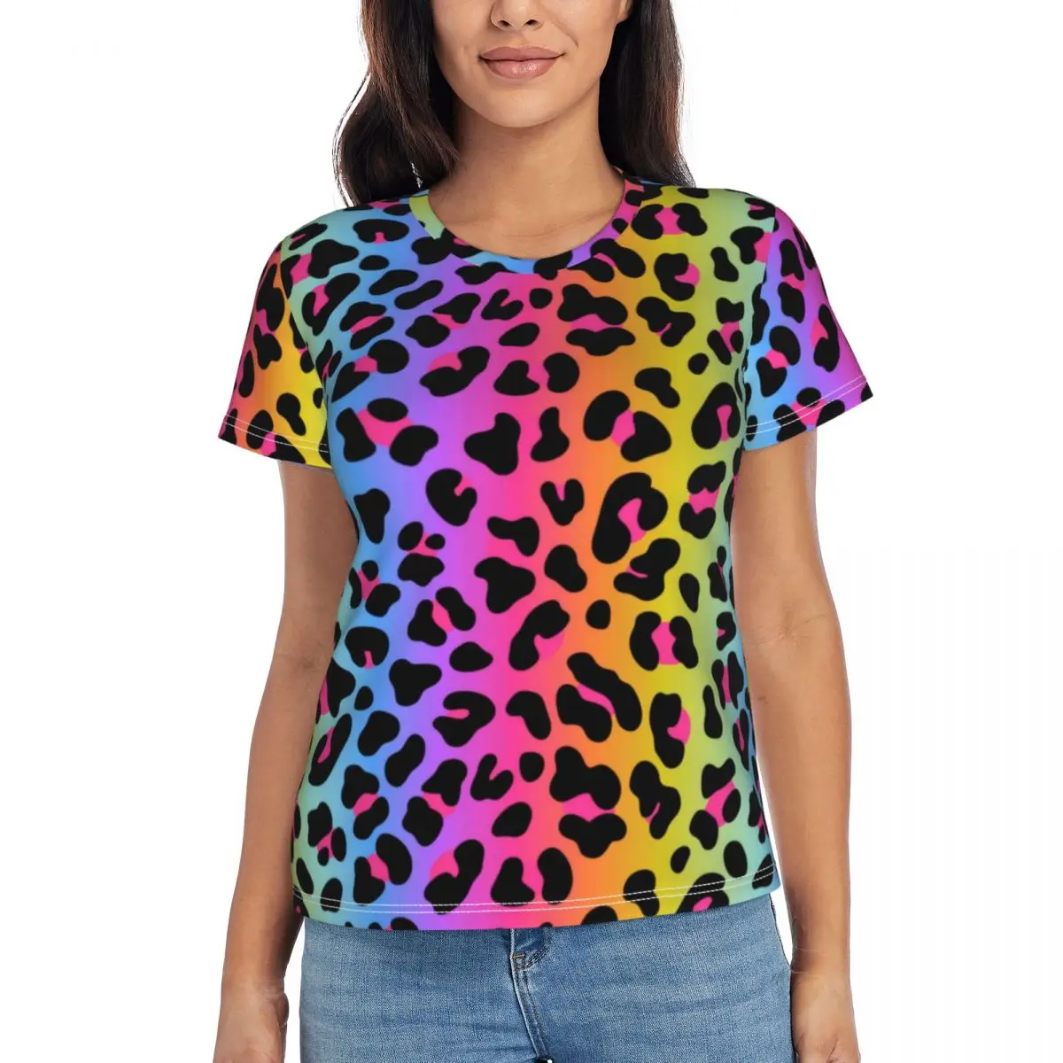 Rainbow Leopard T-Shirt Animalier Print Y2K Cute T Shirts O Neck Summer Street Fashion Tops 2024 Woman Short Sleeve Top Tees