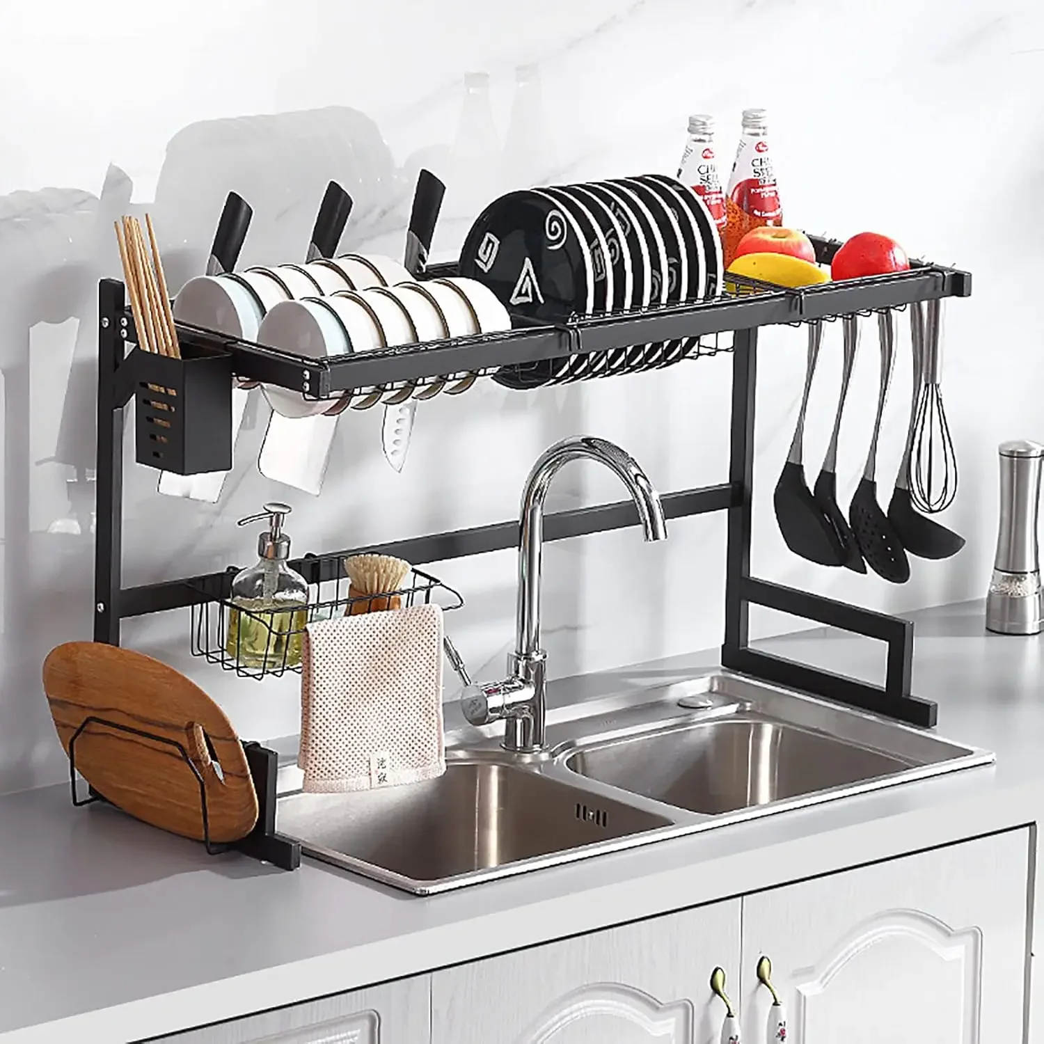 

Kitchen Counter Over The Sink Dish Drying Rack Adjustable Large Dish Drying Rack Multiple Baskets Utensil Sponge Towel Holder