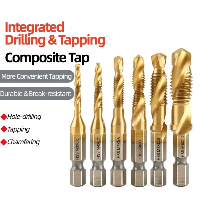 6pc High-speed Steel 4341 Titanium Plated Composite Tap Drill and Tap Integrated Machine Tap Open and Chamfer Tool Set
