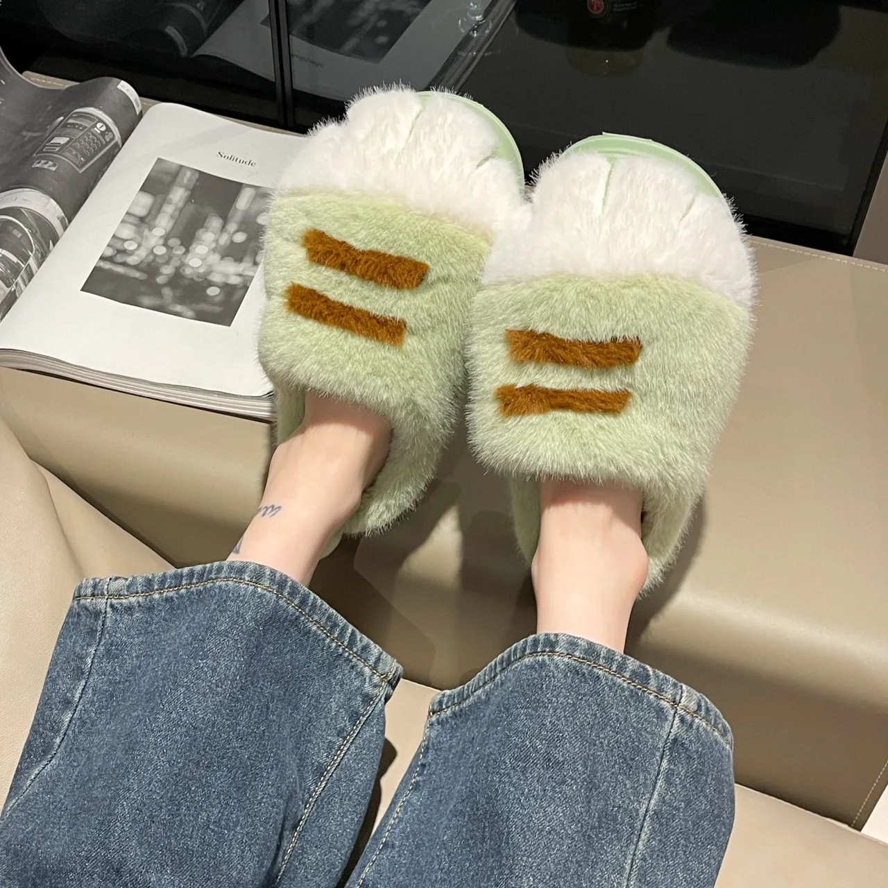 

Ladies Fur House Shoes 3D Cat Fluffy Slippers Home Woman Flat Warmth Thermal Indoor Slippers Animal Claw Fur Flipflops