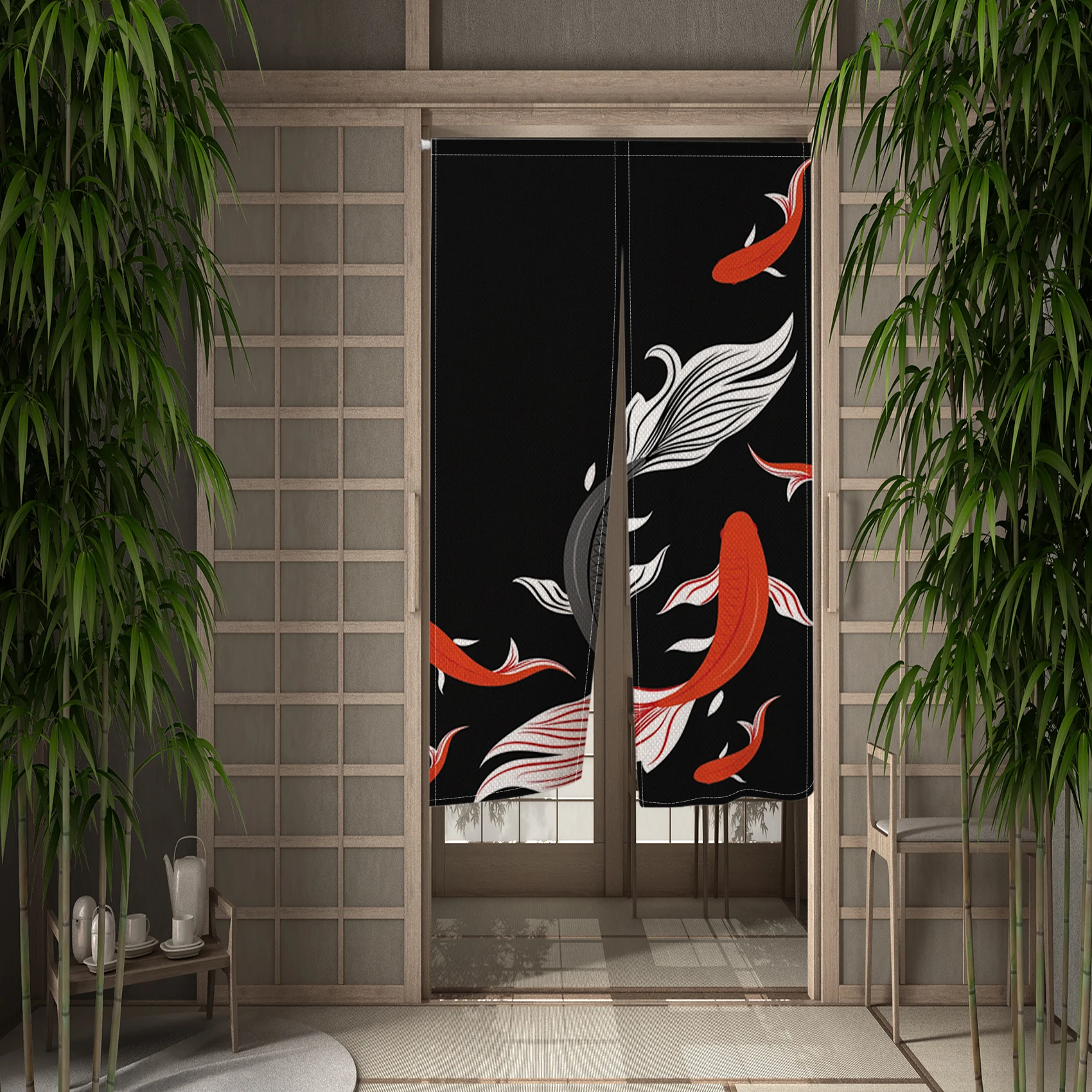 Noren Japanese Koi Fish Print Door Curtain Kitchen Restaurant Partition Linen Curtain Entrance Decoration Split Half Curtain