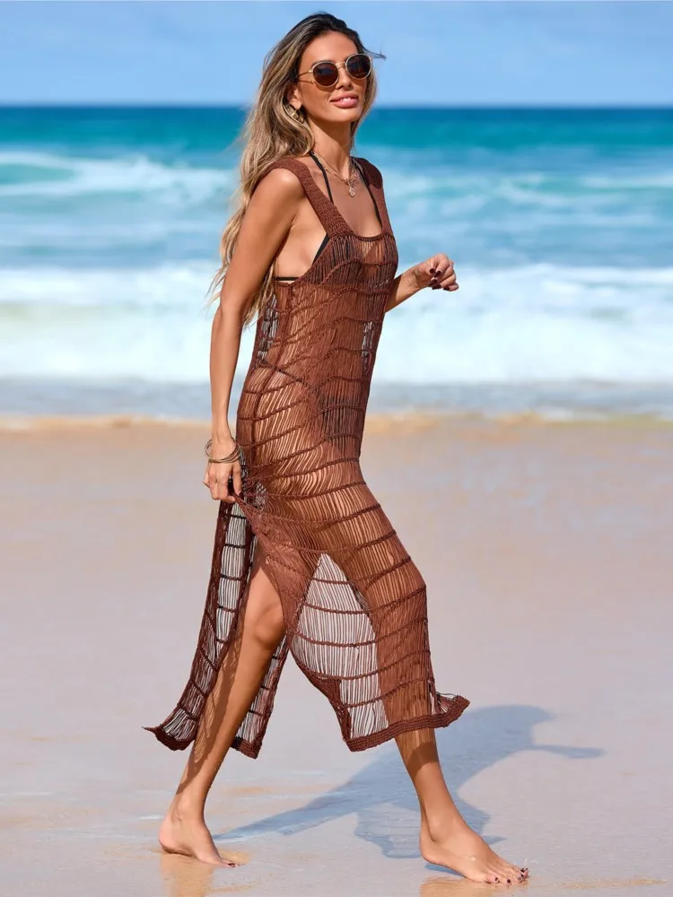 Sexy Cut Out Knitting Swimsuit Cover Up Pareo Tunic Dresses 2026 Summer Beach Midi Dress Bikini Cover-ups Women Beachwear