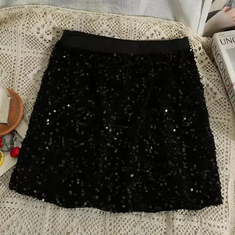 Spring Autumn Elastic High Waist Sequined Skirt Women Slim Bodycon Velvet Skirt Ladies Sexy Club A Line Short Mini Skirts Saia