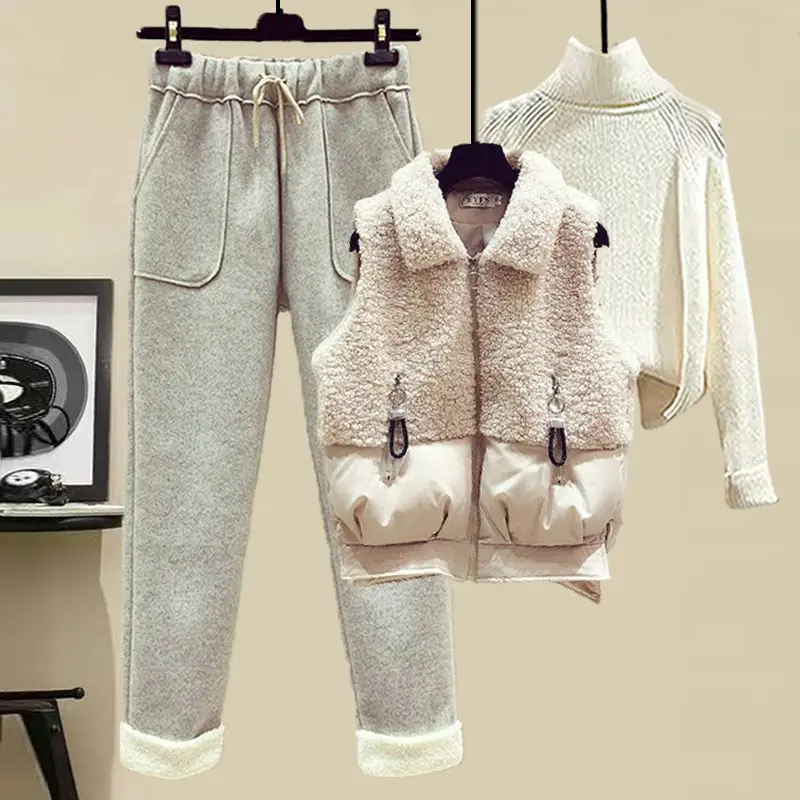 Autumn and Winter Women\'s Suit Lamb Wool Vest Thickened Cashmere Sweater High Waist Casual Woolen Trousers Three Piece Set