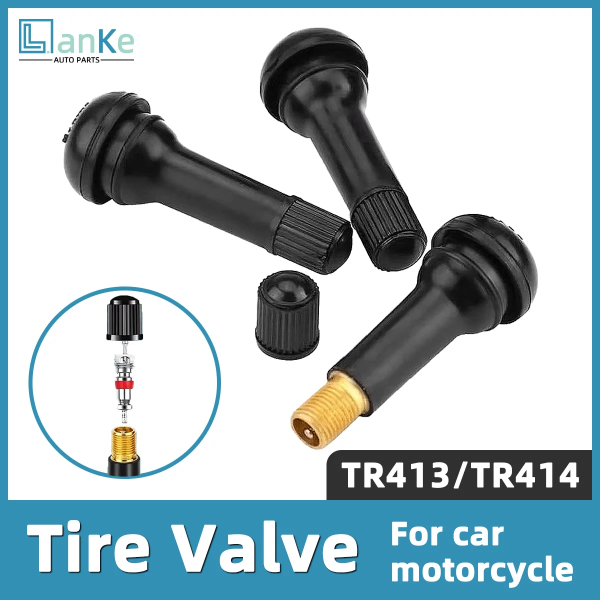 Lanke TR413/TR414 Tire Valve Stem Snap-In Black Rubber Tubeless Wheel Air Valves With Dust Caps Brass Core For Car Motorcycle