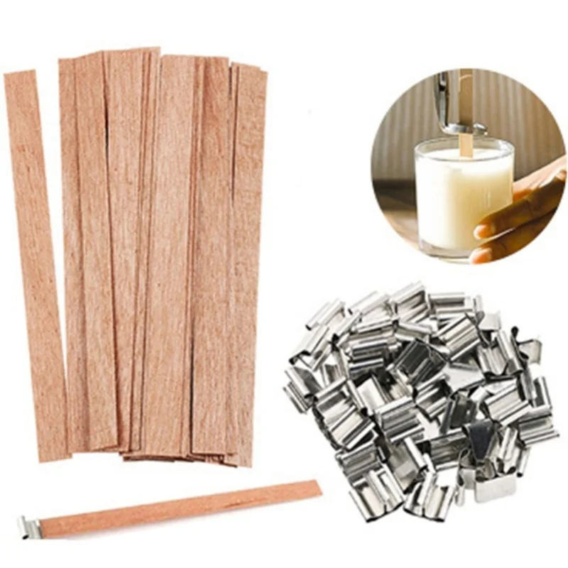 Sumbu Lilin Kayu 0.6x5.9in Tanpa Asap untuk Pembuatan Lilin dengan Dudukan Baja Tahan Karat untuk Pembuatan Lilin DIY