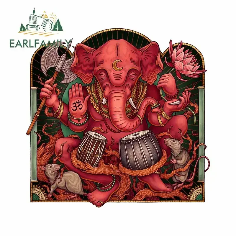 EARLFAMILY 13cm x 12.7cm Indian Elephant Lotus Car Stickers Many Hands Take Axe Retro Embracing Drum Decals Funny Windows Decor
