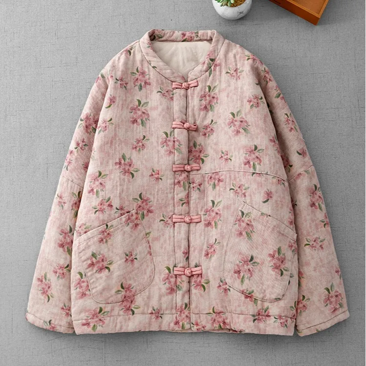 

High-End Chinese Style Cotton Linen Retro Button Warm Cotton Jacket Women's Artistic Print Loose Cotton Thermal Outerwear