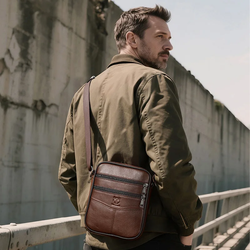 BULLCAPTAIN Men's Leather Shoulder Bag Multifunctional and High-Capacity Cowhide Crossbody Bag Handbag Casual Messenger Bag