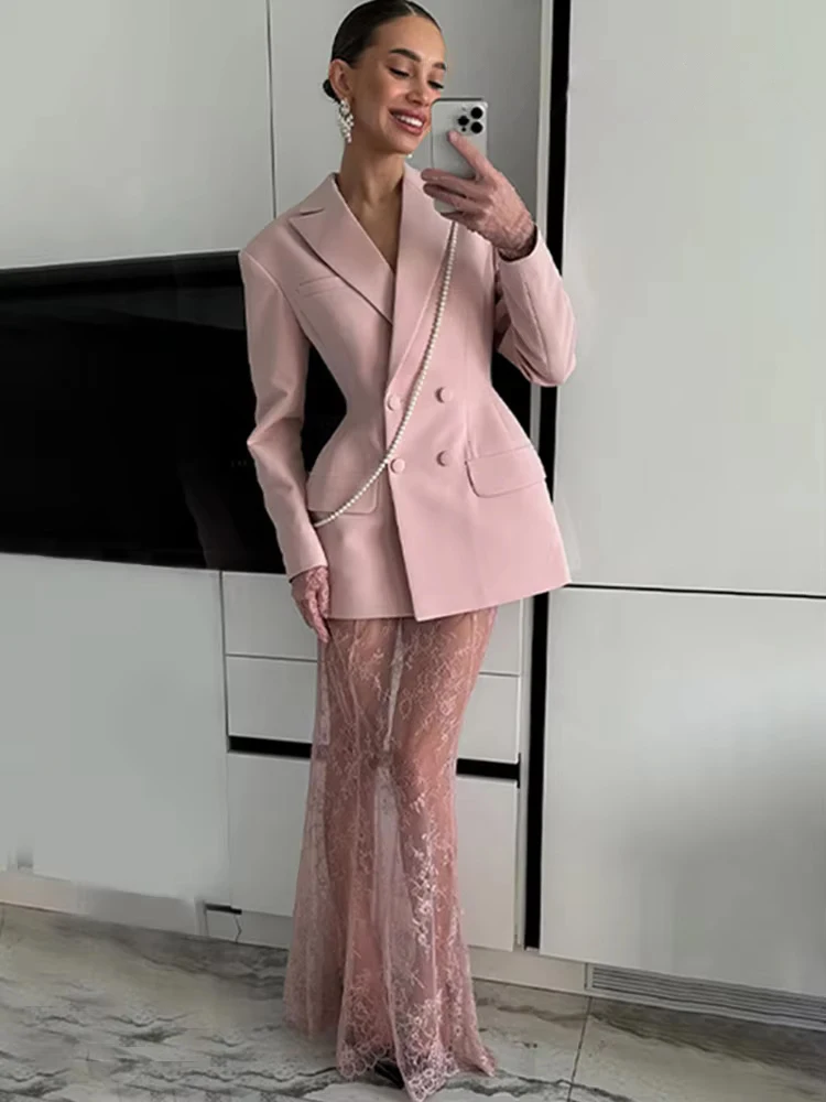 

HH Women Fashion Lapel Double-Breasted Waist-closing Design Blazer Coat+Chic Translucent Zipper A-line High Waist Skirt Set