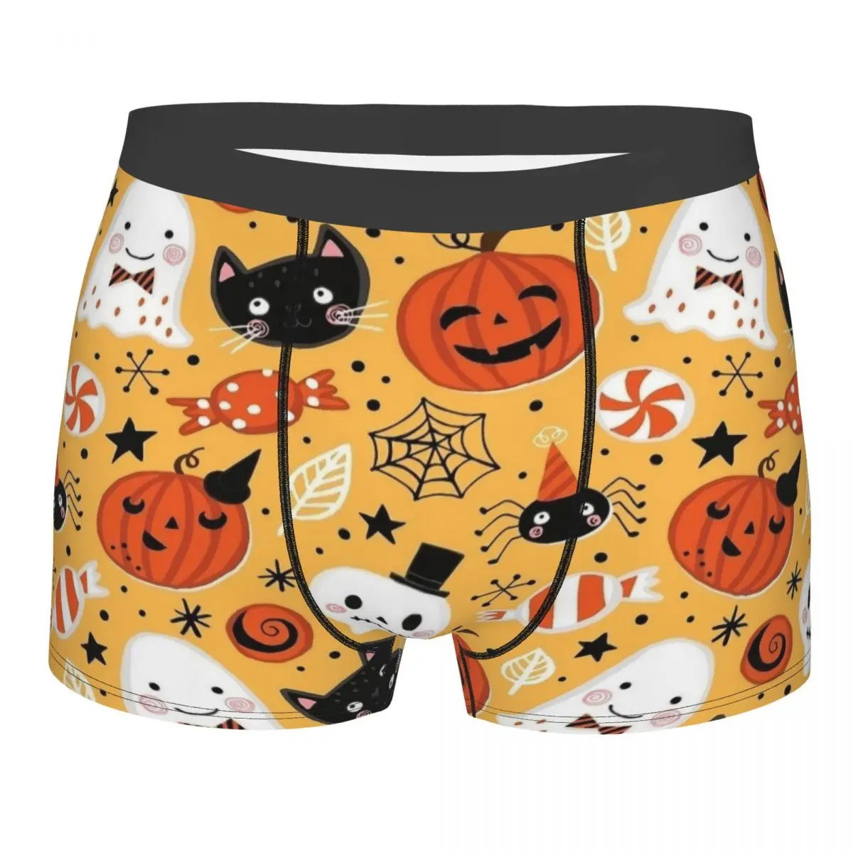 Cute Halloween Cartoon Ghost Pumpkin Men Long Underwear Boxer Shorts Panties Funny Polyester Underpants for Male Plus Size