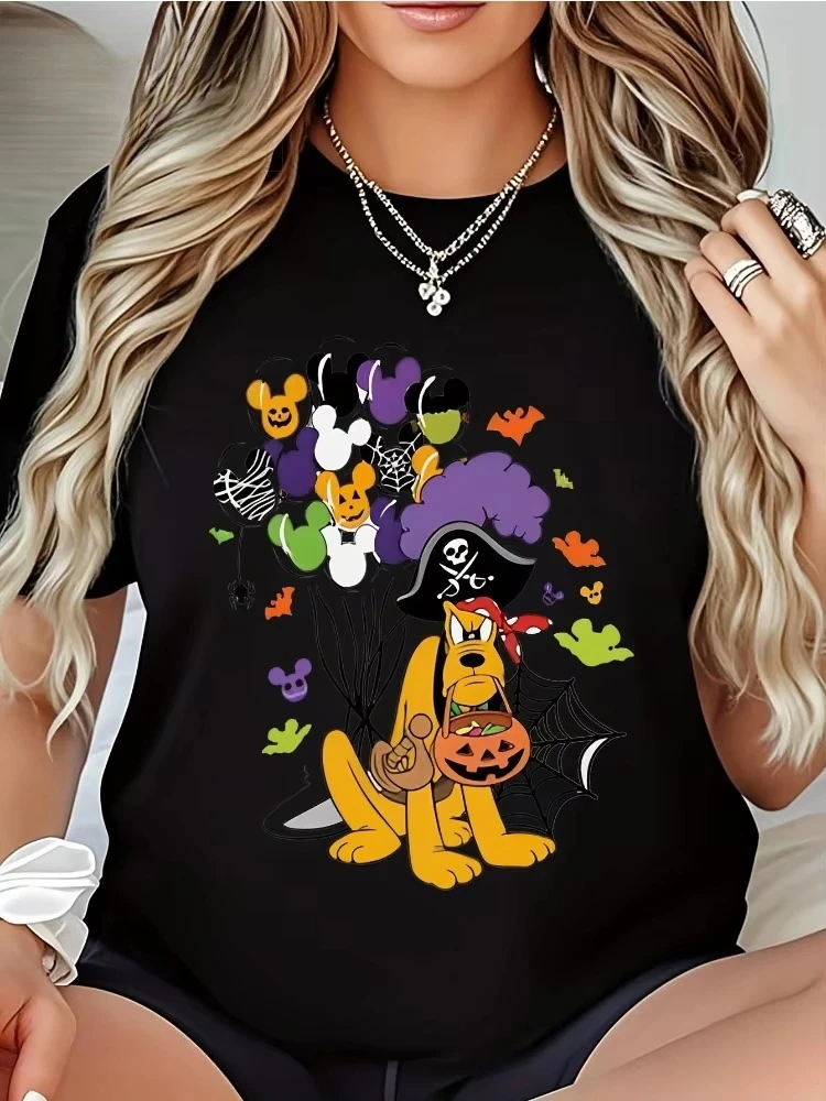 السيدات القراصنة هالوين تي شيرت لطيف بلوتو يرتدي زي القراصنة ونمط شبح الخفافيش عارضة أعلى شخصية الحنين #2