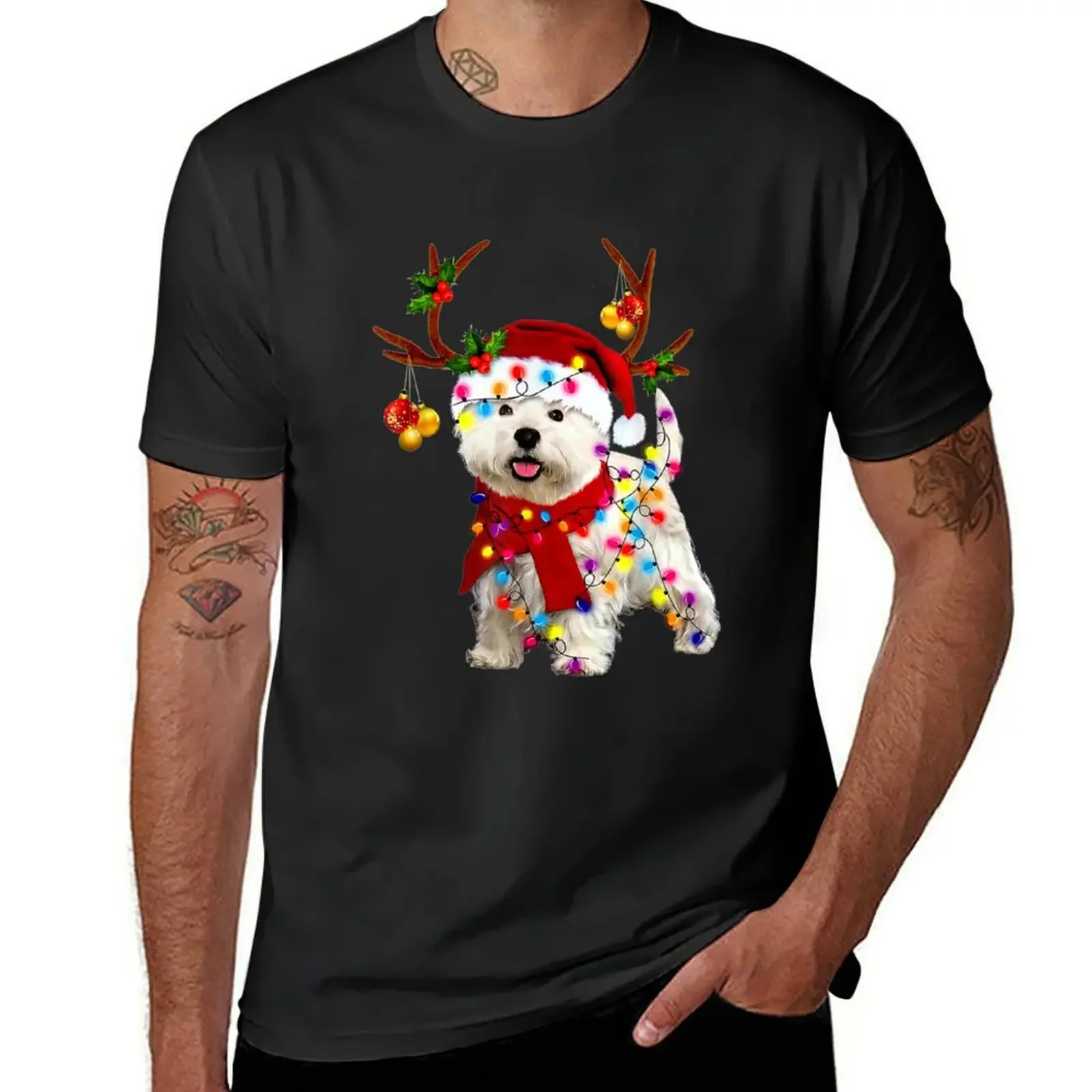 

Santa westie dog gorgeous reindeer Light Christmas T-Shirt graphic tee shirt anime clothes men clothings