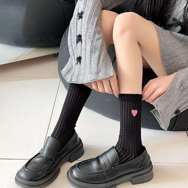 Women Socks Cotton Female Japanese Sweet Style Love Embroidered Mid-tube Spring Summer Thin Cute Girls Solid Color Stripe Socks