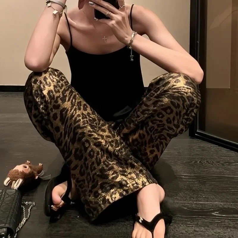 

Leopard Print High Waisted Wide Leg Pants for Women Summer and Autumn American Retro Floor Length Pants Female Clothing