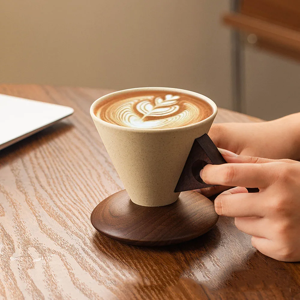 Retro Coarse Pottery Coffee Mug Kit With Wooden Handle And Wooden Tray Latte Milk Beverage Cup Couple Mugs Tableware Set