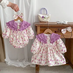 2024 Korean Spring Infant Girls Sister Look Cotton Purple Flower Printed Long Sleeve Baby Girls Rompers Kids Girls Dress