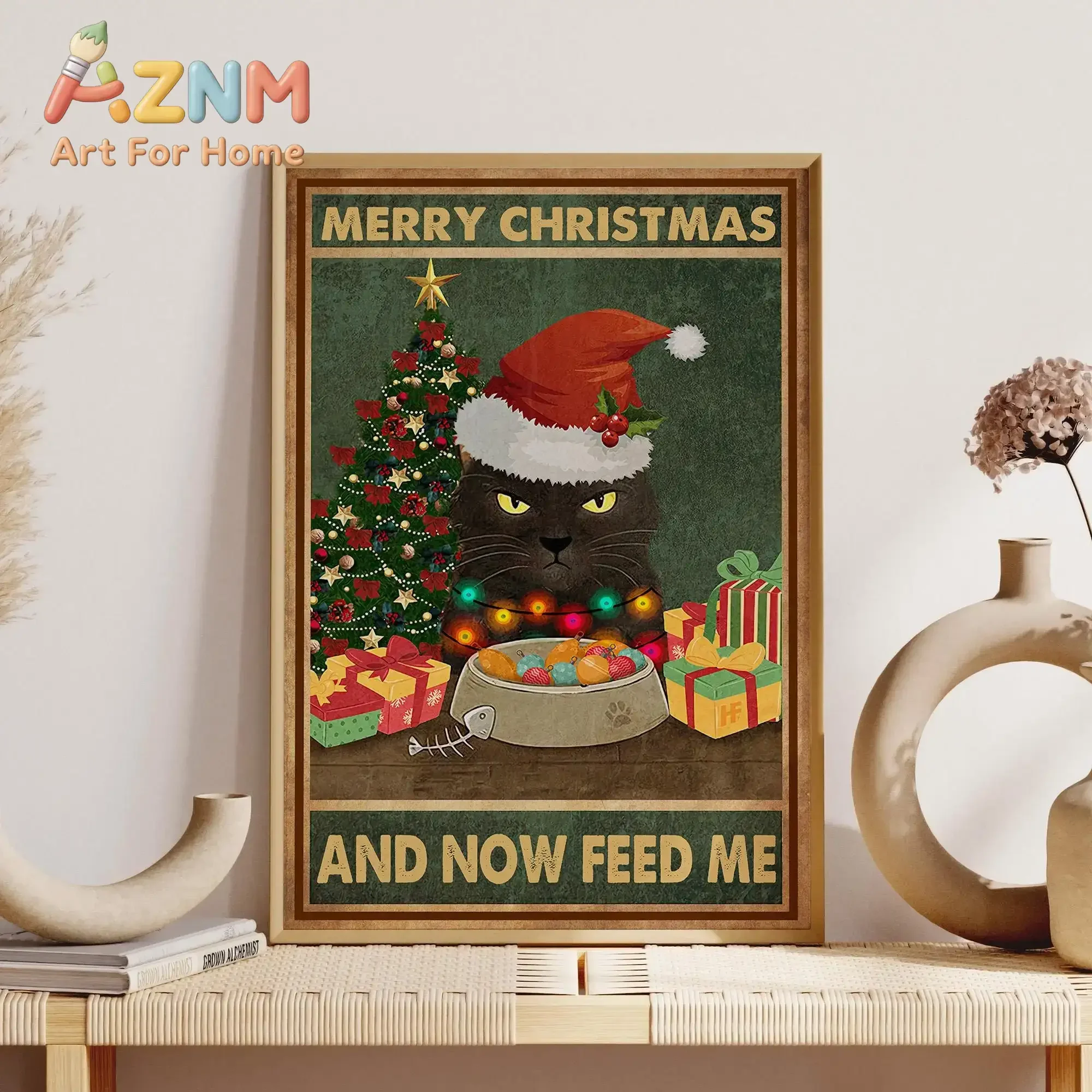 Abstract Cat Merry Christmas and Now Feed Me Poster Funny Christmas Wall Art Poster Christmas Cozy Poster for Living Room Decor