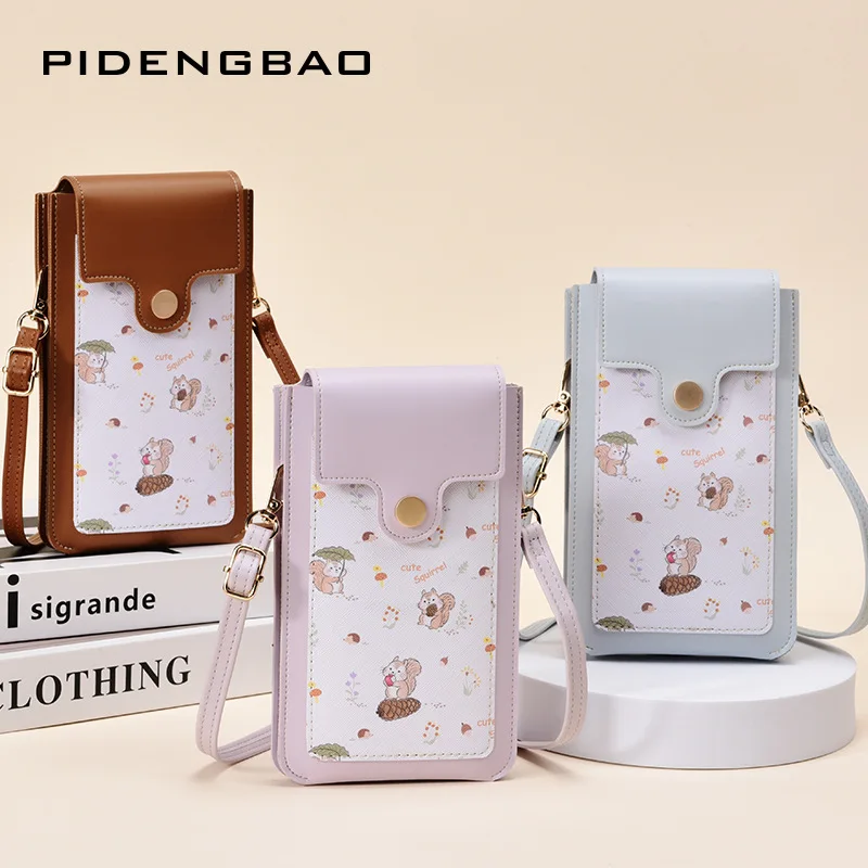 New Cute Squirrel Pattern Touch Screen Women Crossbody Phone Bag Thin Lightweight Single Shoulder Kuaba Sling Bag Storage Pouch