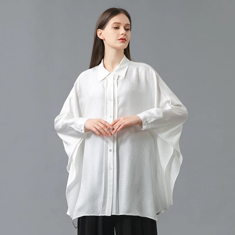 

Silk Fashion Batwing Sleeve Jacquard Blouses White Polo-Neck Casual Tops Loose Single-breasted Women Shirts BE819