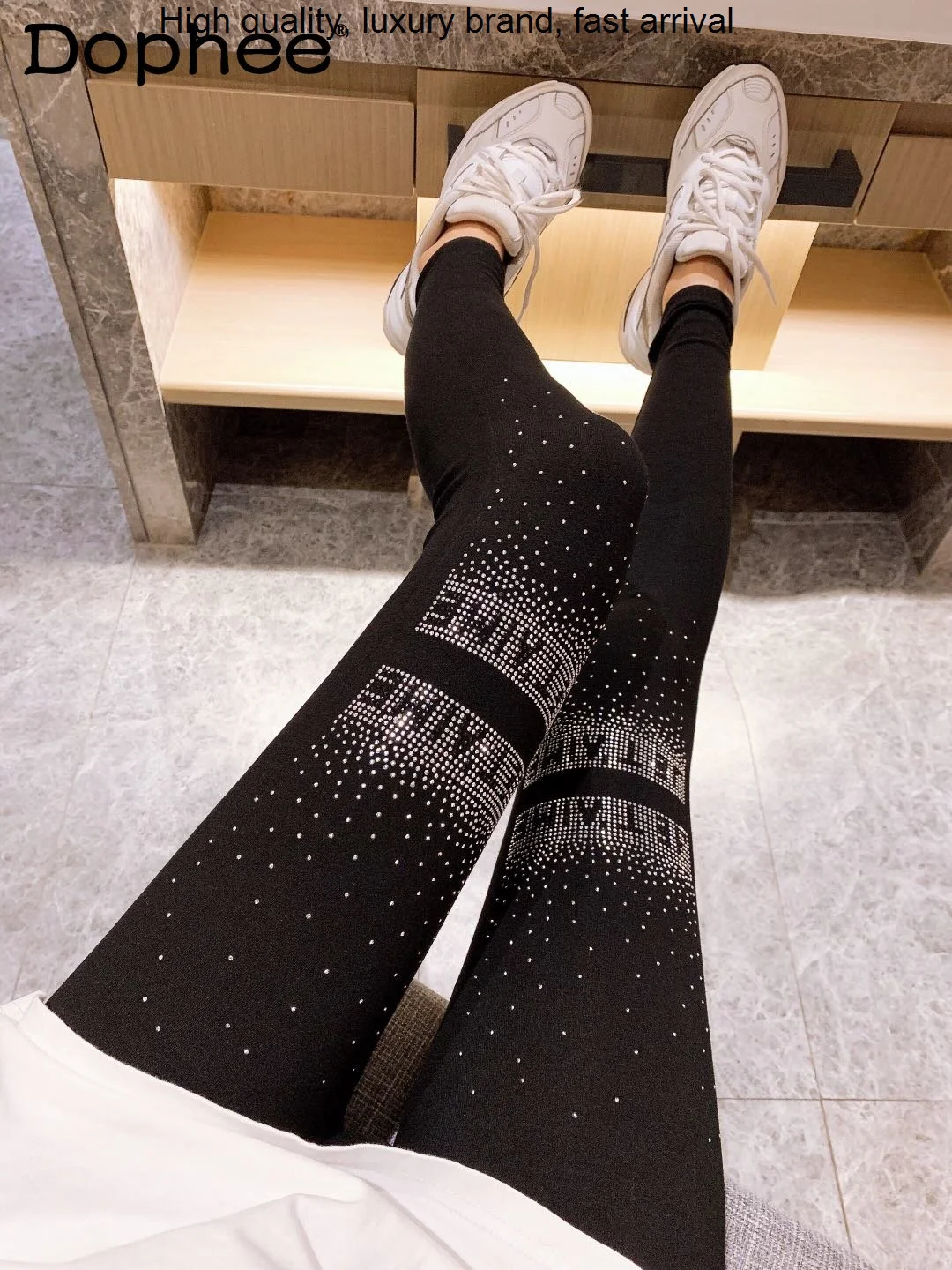 Waist Rhinestone High Black Women Fall Winter Ankle-Length Stretchy Slim Fit Trousers Cartoon Letters Fitness Leggings