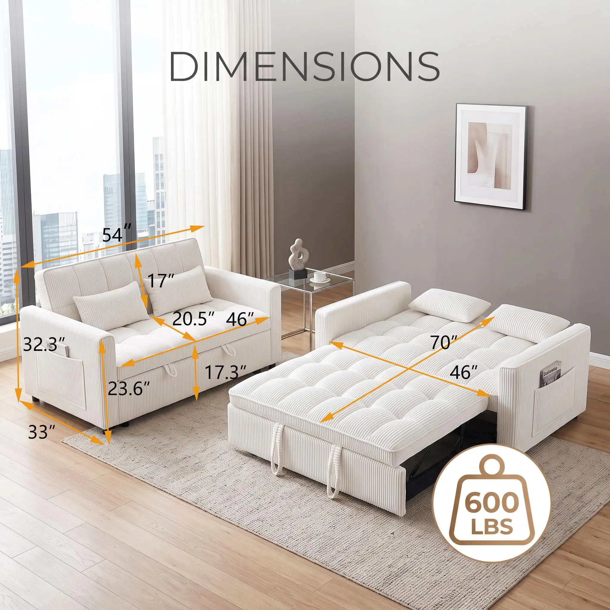 3 in 1 Convertible Sleeper Sofa Bed, 54'' Full Size Corduroy Pull Out Futon Couch Recliner with Reclining Backrest & 2