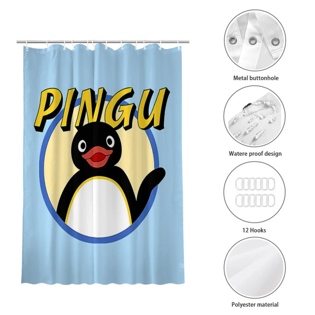 Blue Shower Curtains Pingu Noot Pinga Penguin TV Waterproof Fabric Creative Bathroom Decor with Hooks Home Accessories