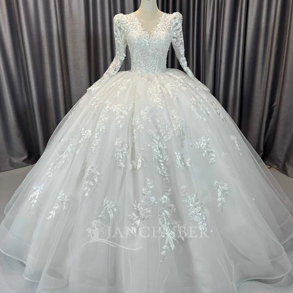 

Customized Charming Long Sleeve Ball Gown Wedding Dresses V-Neck Gorgeous Lace Up Back Luxury Bridal dresses robe de mariée