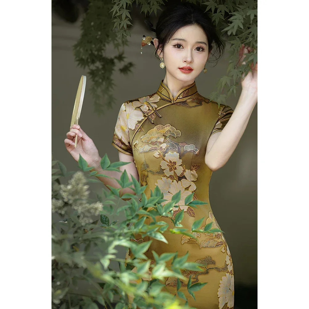 Vestuário de desempenho estilo chinês cheongsam banquete desempenho 2xl tecido fino durante toda a temporada usar padrão floral