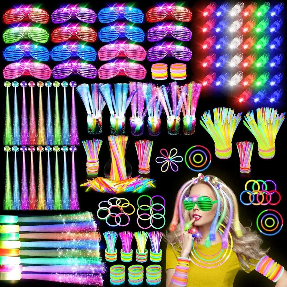 

290 PCS Glow in the Dark Party Supplies, 200 Glow Sticks, 24 Fiber Optic Wands, 15 LED Glasses, 33 Finger Lights and 18 LED Hair