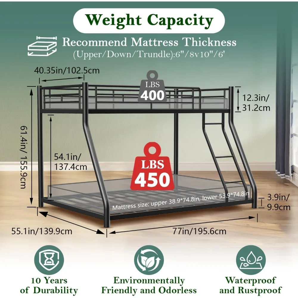 Bunk Bed Twin Over Full Size, Twin Over Full Bunk Beds with Ladder & Guardrail Heavy Duty Bunk Beds Frame for Teens Adults Dorm