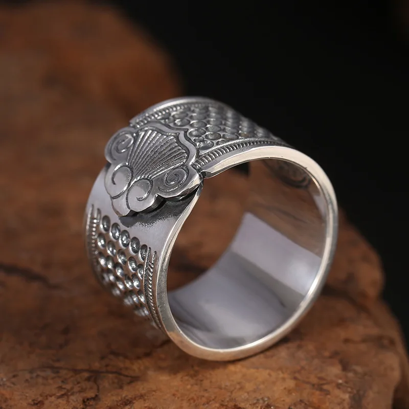 Retro Auspicious Cloud Xiangyun Wide Ring Thimble Good Fortune Adjustable Ring Handmade Unisex Designer Jewelry Accessories Gift