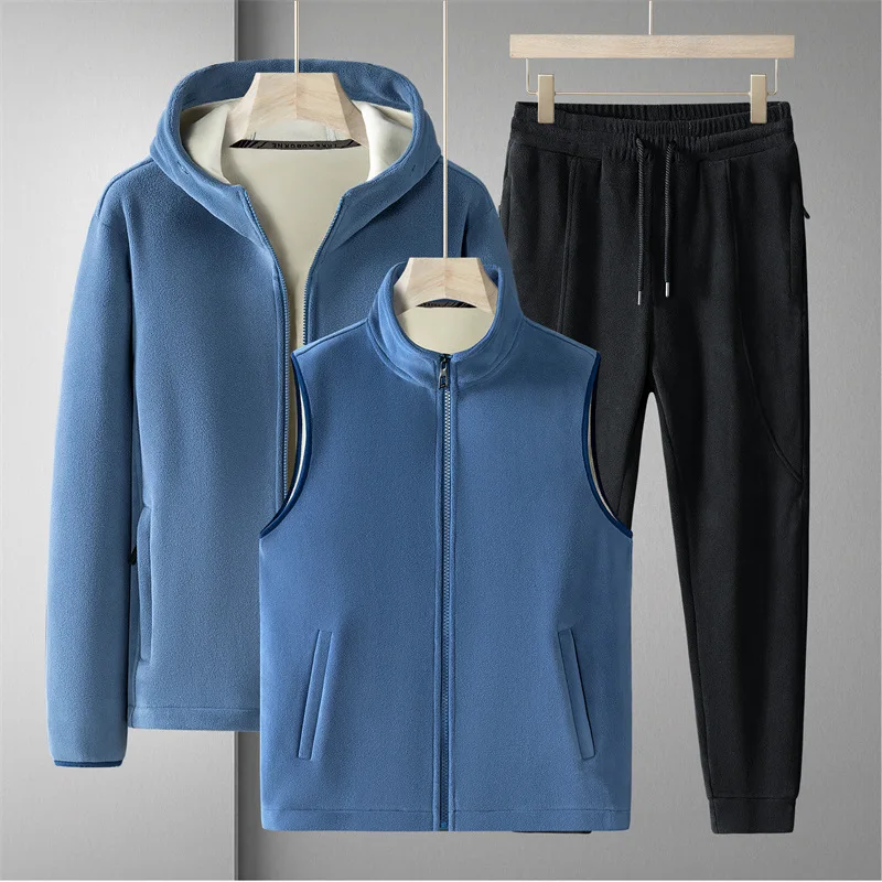 High Quality Men Hoodies + Vests + Pants Suit Lamb Cashmere Winter Thicken Fleece Keep Warm Velour Sport 3 Pieces Sets Plus Size