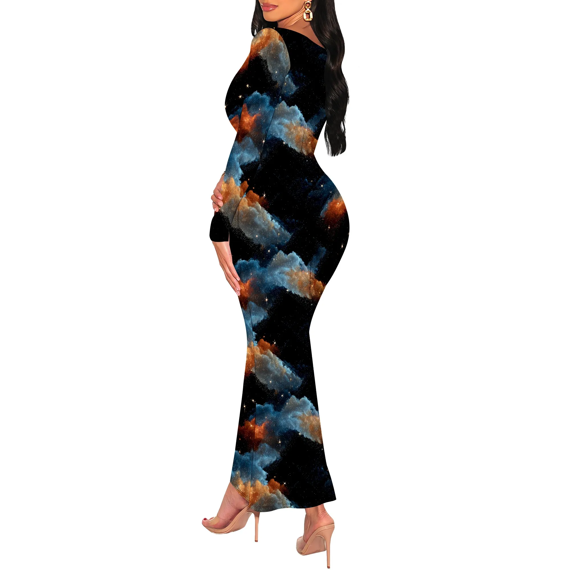 Abito lungo maxi aderente da donna a maniche lunghe con scollo quadrato