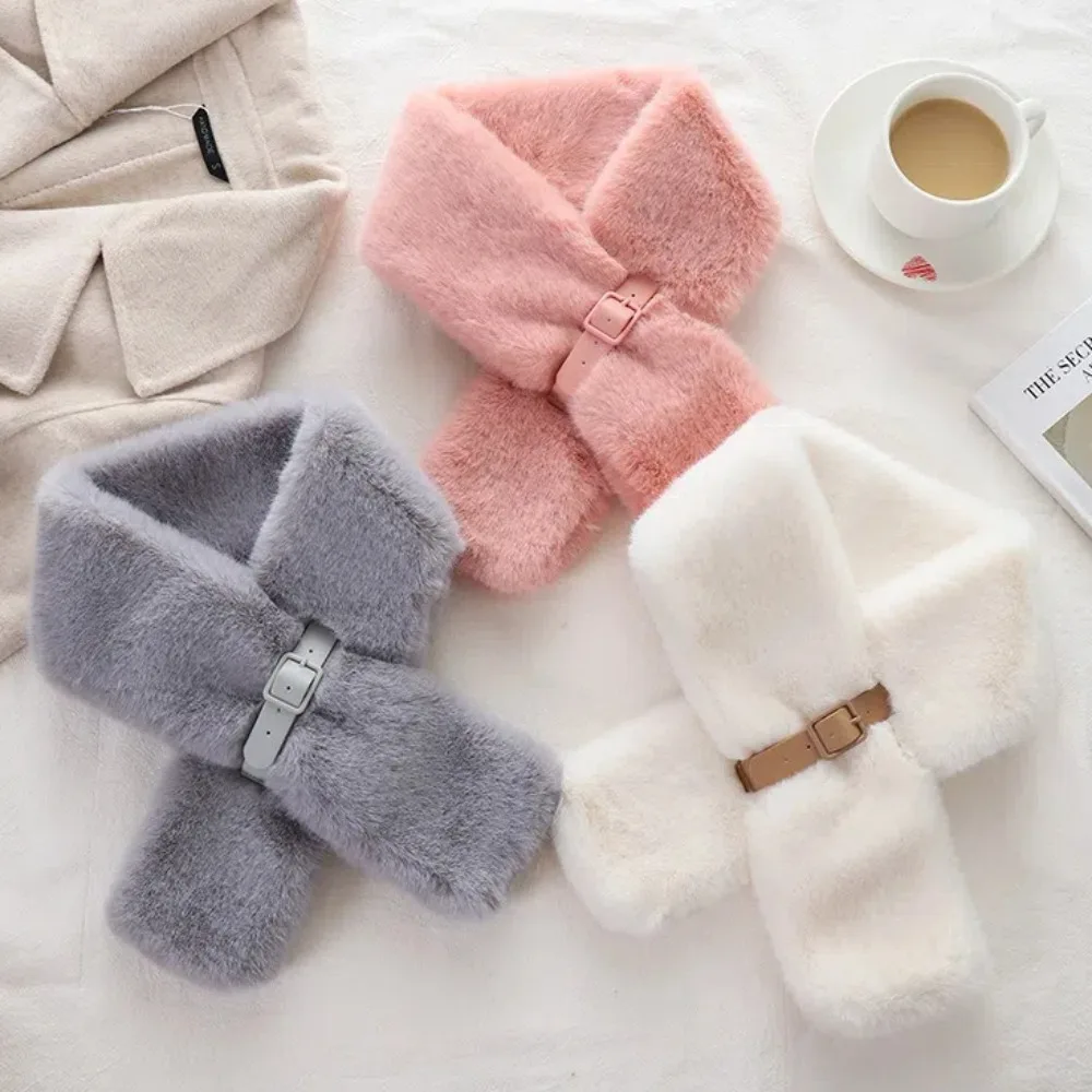 New With Belt Warm Scarf Keep Warm Solid Color Thick Collar Short Narrow Fur Collar Scarf Winter