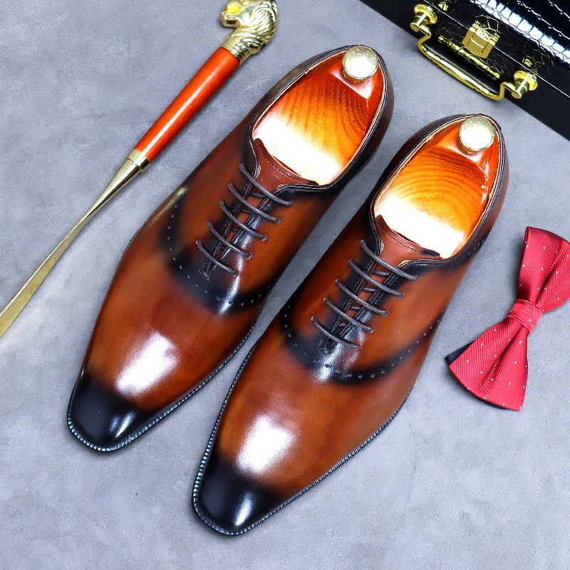 Business Formal Wear Pointed Toe Shoes Men\'s Leather Oxfords Male Cowhide Lining British Carved Mens Handmade Bullock Shoes