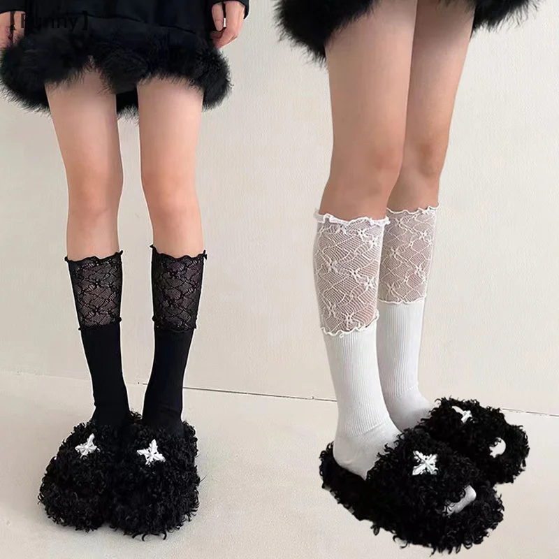 〔Funny〕Solid Color Lace Flower Print Stockings Sexy High Knee Socks Women's Thin Transparent Calf Socks Fashion Accessories