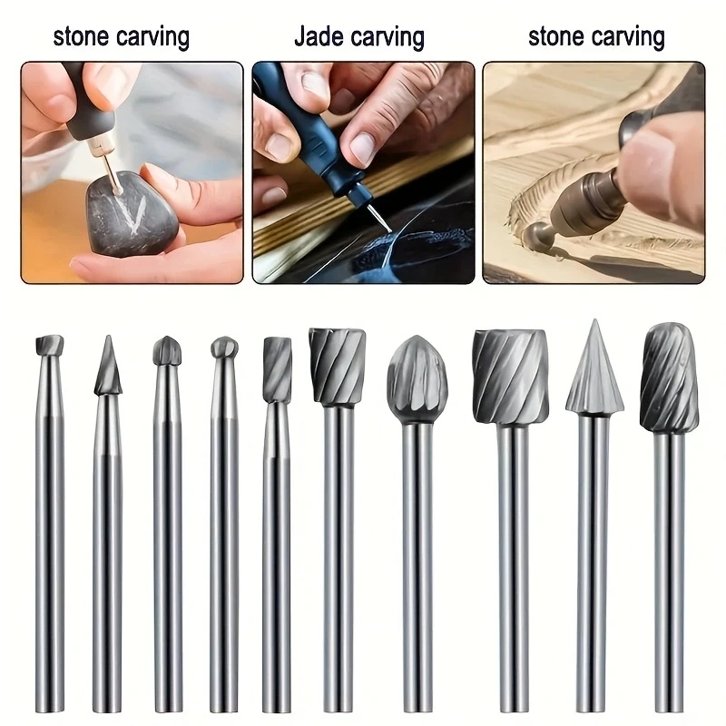 

10Pcs HSS Rotary Burrs Set, Milling Bits Wood Milling Cutter Wood Routing Tool with 3mm (1/8inch) Shank for DIY Carpentry, Engra