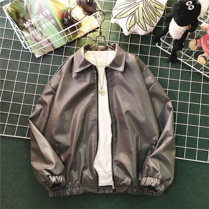 

Men's Women's Oversized PU Leather Biker Jacket Casual Streetwear Fashion Fall/Winter Loose Fit Collar Coat