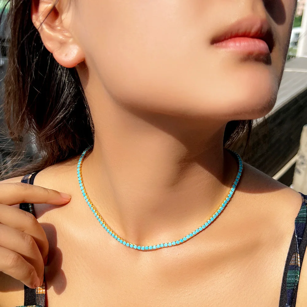 Pera Chic Light Blue 3mm Round Cut Cubic Zircon Tennis Chain Clavicle Choker Hip Hop Necklaces for Women Party Jewelry Gift P065